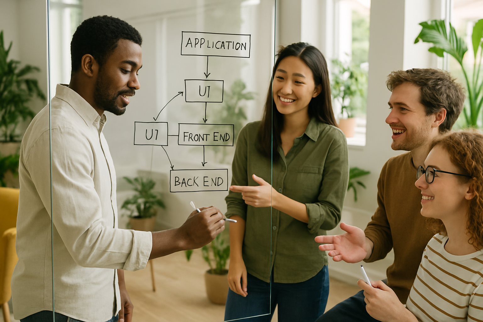 Diverse team collaborating in a modern office